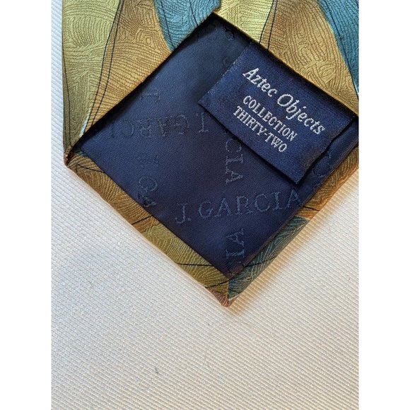 J Garcia Tie 100% Silk Aztec Objects Limited Edition Gold Avocado Green Wine - Picture 4 of 8